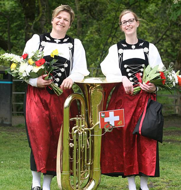 Whit Friday walks in Uppermill. L/R, Ursula Heuberger, Andrea Stampfli, from the brass band, Musik Frohsinn from Oberburg, Switzerland.The brass band took part in the Whit Friday walks through Uppermill.