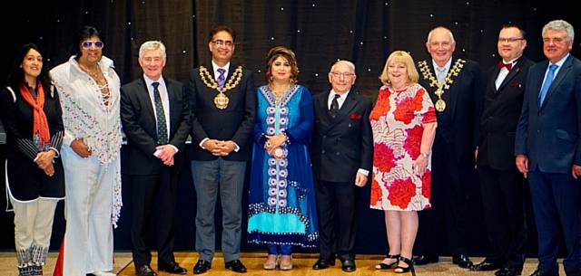 Asian Business Dinner, Eastern Pavilion, Oldham, May 2016. From left, event host Professor Basma Ellahi, Patelvis, Interim Mayor of Greater Manchester Tony Lloyd, Oldham Mayor Ateeque Ur-Rahman, Mayoress Yasmin Toor, Sir Norman Stoller, Sharman Birtles, High Sheriff of Greater Manchester; Councillor John Holden, Mayor of Trafford; and host Jay Allen. 