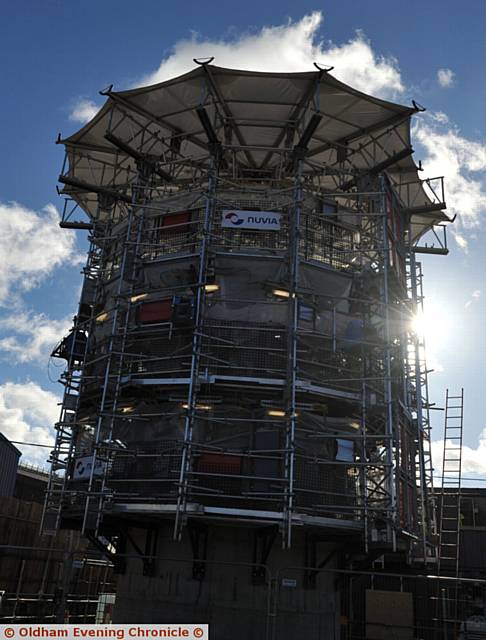 THE chimney demolition platform at Delta's Greenacres HQ. 