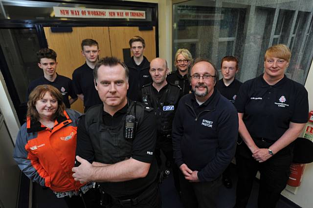 LEFT to right: Rev Jean Hurlston (Oldham Street Angels), cadet Ciaran Collins, cadet Rob Slater, Insp Trevor Harrison, cadet Aaron Bell, Special Insp Matt Saville, Insp Karen Taylor, Graham Radcliffe (street pastor), cadet Luke Blair and PCSO Sue Hoyle (cadet leader). LEFT to right: Rev Jean Hurlston (Oldham Street Angels), cadet Ciaran Collins, cadet Rob Slater, Insp Trevor Harrison, cadet Aaron Bell, Special Insp Matt Saville, Insp Karen Taylor, Graham Radcliffe (street pastor), cadet Luke Blair and PCSO Sue Hoyle (cadet leader).