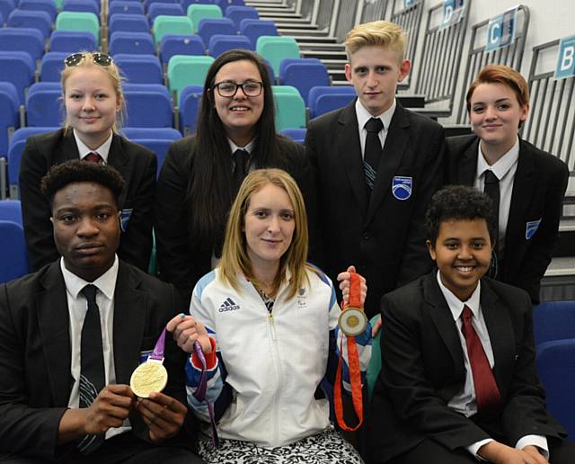 DANIELLE meets students, back left to right, Hannah Evans, Zavina Lodhi, Nathan Long, Sophie Haughton. Front: Daniel Izevbigie, Danielle Brown, Abdul Mahmood