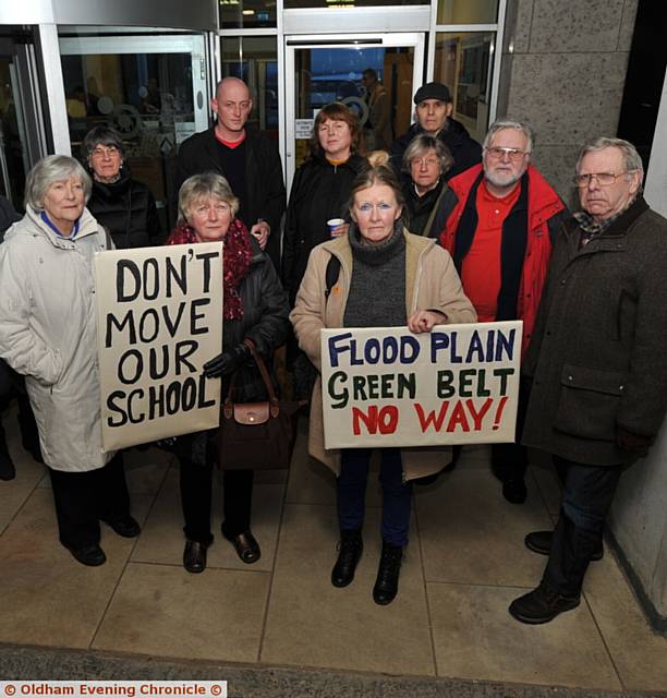 PROTESTERS . . . outside Oldham Civic Centre