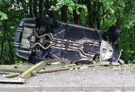 THE BMW comes to rest at Standedge Road, Diggle