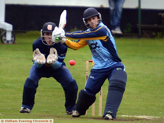 TAKE THAT . . . Greenfield skipper Chris Gill unleashes a shot on his way to an unbeaten 40 against Norden in the Tom Hardman Twenty20 Cup.