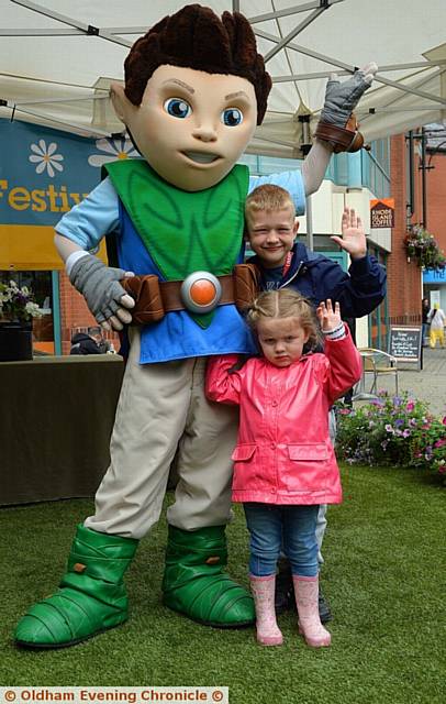 SAM Garlick (8) and Olivia Stott (2) meet Tree Fu Tom