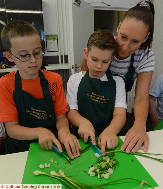 CHOPPING the veg . . . Lewis Pheasey, Harvey Gibson (both 9), and Harvey's mum Susan