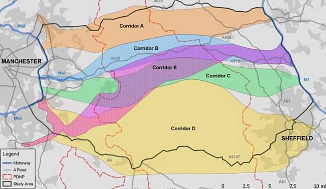 A MAP of the five routes that have been shortlisted for the new trans-Pennine tunnel