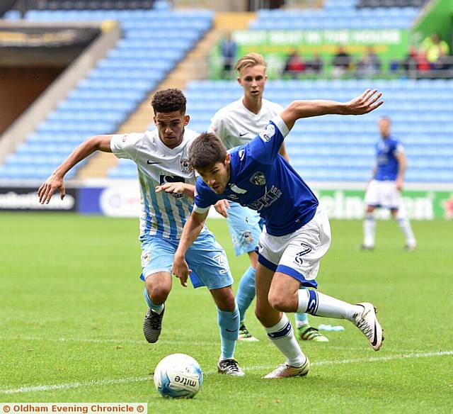 EYES ON THE BALL . . . substitute Ryan Flynn gets in front of his Coventry City marker