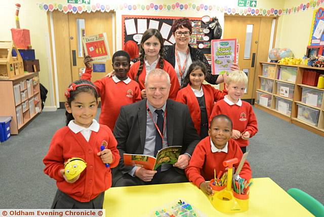 Lyndhurst Primary School is celebrating coming out of 'special measures'. Left to right, Ruby Imran, Melvin Gonga, Melissa Sweeney, Nigel Fowler (head teacher), Lizzie Egan (deputy head teacher), Zoya Mehnaz, Nebias Radebe, Charlie Towers.
