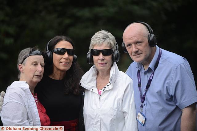 Virtual dementia tour in Uppermill, organised by Joyce Brown (left) with Debbie Abrahams M.P., Jenny Greenwood and Richard Ellis (Oldham Memory Service).