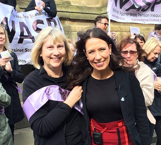 Women Against State Pension Age Inequality rally in Manchester with Elaine Fiveash and MP Debbie Abrahams