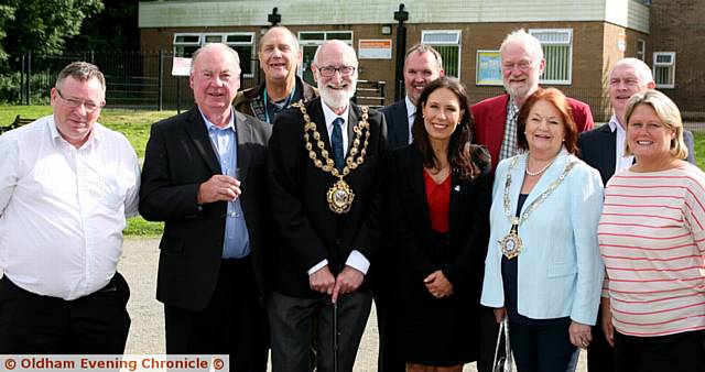 IN memory of Nicola . . . (front, from left) Councillor Steve Hewitt; Tony Burke, president of Saddleworth Rotary Club; mayor of Oldham, Derek Heffernan; MP for Oldham East and Saddleworth, Debbie Abrahams; Pam Byrne, chair of Saddleworth Parish Council and Nikki Kirkham, vice-chair of Saddleworth Parish Council. Back: Councillor Adrian Alexander; Richard Bartlett, Saddleworth Rotary; Mike Rooke, secretary for the committee for the sports centre; and Bryn Hughes, father of PC Nicola Hughes.