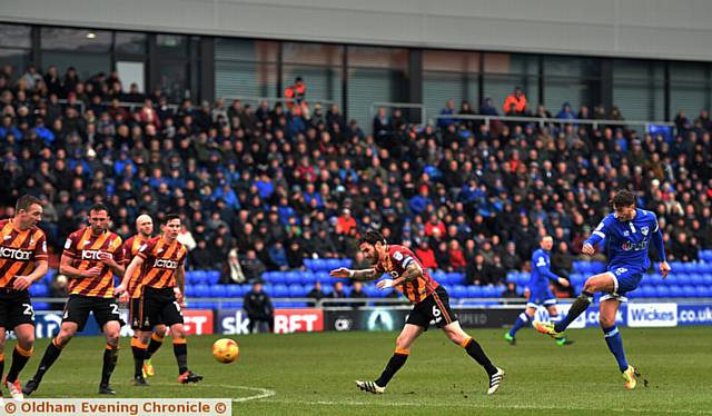 OLLIE Banks fires in a shot against Bradford City, watched by 3,645 Athletic fans in a total crowd of 6,516.