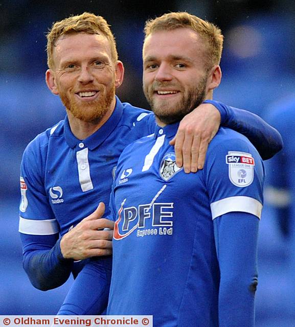 SMILE...Goal scorer Ryan McLaughlin (right) gets a hug from Paul Green after extending Athletic's lead against Coventry. 