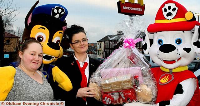 CHELSEA Johnson, Chase from Paw Patrol, manager Wendy Riella, Marshall from Paw Patrol, with the winning prize of name that bear
