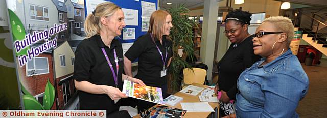 Katrina Santoro and Naomi Martin-Smith (both of First Choice Homes Oldham) with students Catherine Musaga and Agathe Boumsong