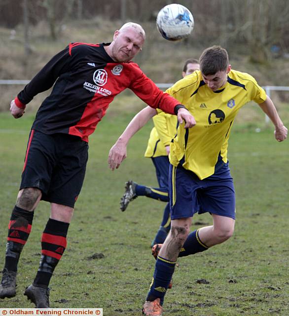 HEADS UP . . . Moorside's Niall Swanick (left) and 3D Dynamos' Aaron Inglis