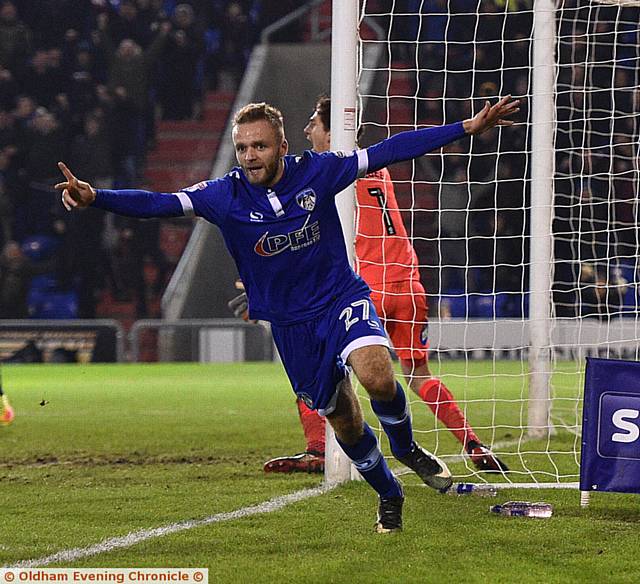 GOAL . . . Ryan McLaughlin celebrates his goal against Peterborough