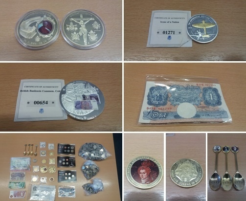 RECOVERED . . . Coins, spoons and other items which police found during a house raid in December