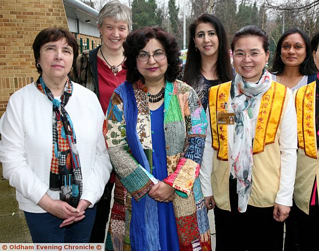 The CHAI project hosted a female interfaith event at Greenhill Academy, Oldham, for International Woman's Day. Pic shows, L/R, (front row),Marilyn Berg, Qaisra Shahraz, Mary Yau, Sally Wong. L/R, (back row), Gina Andrews, Najma Khalid,  Virbai Kara, representing all the faiths at the event.