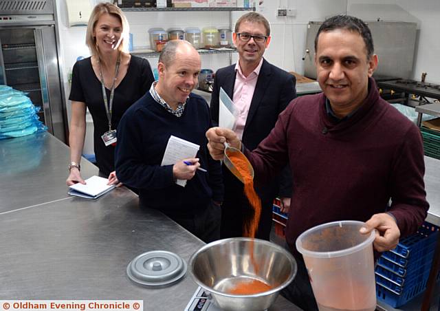 OLDHAM Business Awards judging panel visit to Kesan Foods . . . (from left) Rachael Land of Unity Partnership, Robbie MacDonald (Oldham Chronicle), Simon Jones of Nat West with Mumtaz Khan of Kesan Foods
