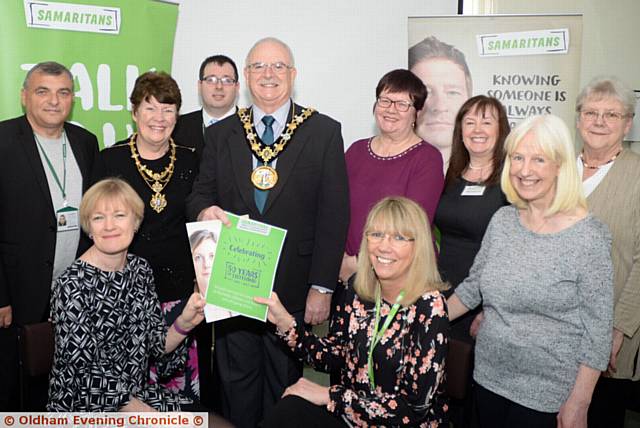 ROCHDALE, Oldham and District Samaritans, Rochdale office celebrate Golden Anniversary. Mayor of Rochdale Cllr Ray Dutton (centre) with (left front) Samaritans director Janet Murphy and (right front) Samaritans deputy director Jean Casey and other volunteers and guests
ROCHDALE, Oldham and District Samaritans, Rochdale office celebrate Golden Anniversary. Mayor of Rochdale Cllr Ray Dutton (centre) with (left front) Samaritans director Janet Murphy and (right front) Samaritans deputy director Jean Casey and other volunteers and guests