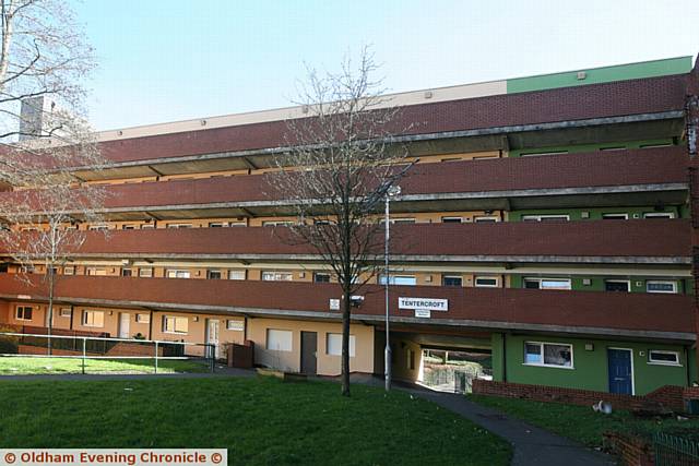  Tentercroft block, Flora street, Oldham, where a fire broke out on the first floor.