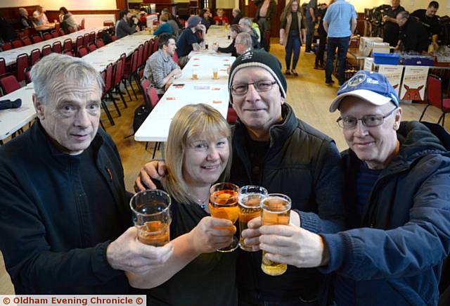 CHEERS . . . (from left) Dave Wilson, Lorraine Gee, Geoff Heaton and Chris Gannaway
