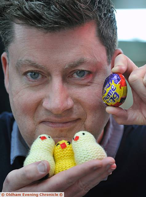 BARBER Patrick Scrivens who is collecting Cadbury Creme Eggs for Francis House Hospice which they put knitted chicks on and sell to raise money BARBER Patrick Scrivens who is collecting Cadbury Creme Eggs for Francis House Hospice which they put knitted chicks on and sell to raise money