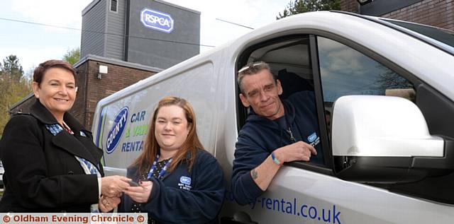 KINDHEARTED . . . County Car area manager Deborah Jordan-Tinant (left), with RSPCA retail operations manager Lindsey Keating and driver Sean Taylor. Below, the RSPCA van which was stolen