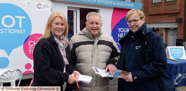 ROADSHOW . . . Joanne Knowles (bowel cancer screening programme), Derek Fenton and Louise Dewhurst (cancer awareness nurse)