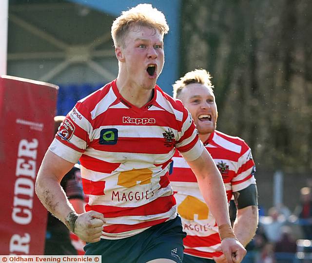 
LAST-GASP HERO . . . Kieran Gill celebrates after scoring Oldham's match-winning try against Bradford Bulls at Bower Fold. 
