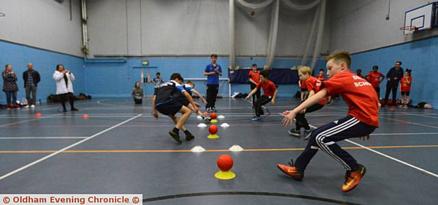 AND OFF WE GO . . . Hodge Clough (left) and Delph starting a game at the dodgeball finals