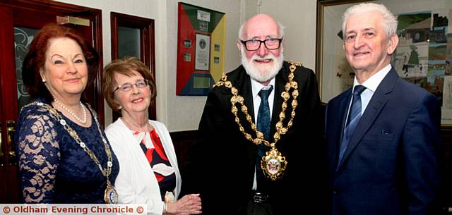 The Mayor of Oldham honours John Hudson for his time served on Saddleworh Parish council. Pic shows, L/R, Pam Byrne, chairman of Saddleworth Parish council, Kathleen Hudson, Mayor of Oldham, Derek Heffernan , John Hudson.
