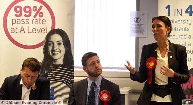 ANSWERS . . . Labour candidates Jim McMahon and Debbie Abrahams with party general secretary Iain McNicol at Oldham Sixth Form College