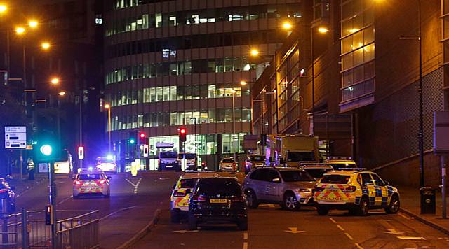 Part of the massive police presence surrounding the arena in the early hours of Tuesday morning