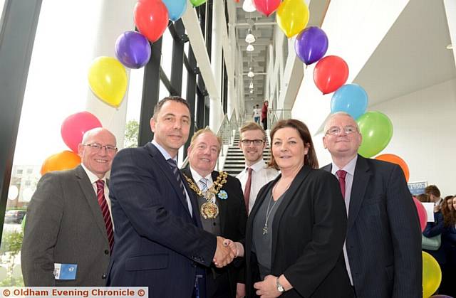 OPEN . . . Jim Fitzpatrick, Brian Holliday, Mayor of Tameside Councillor Philip Fitzpatrick, Andrew Beel, Jackie Moores and Tameside Council leader Kieran Quinn
