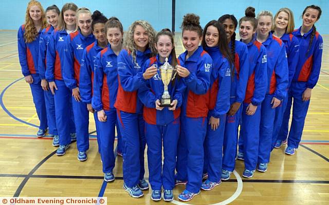 OLDHAM NETBALL CLUB UNDER-15S . . . Alex Martin (left), Alisha Willey, Laura Mallinder, Millie Marsden, Kasmin Narnor, Rachel Diamond, Jess McDermott, Nell McKee, Kate Leddy, Ellie Williams, Jaya Krishna, Hannah Cusack, Keegan Rattigan, Eve Parker, Berrie Neil

