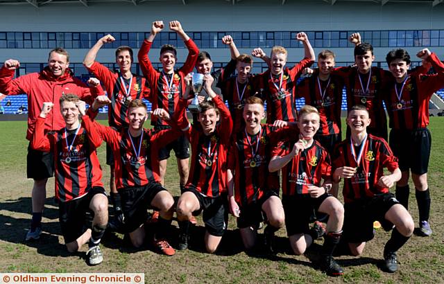 CELEBRATION TIME . . . Sixth Form kings Crompton House rejoice at SportsDirect.com Park
