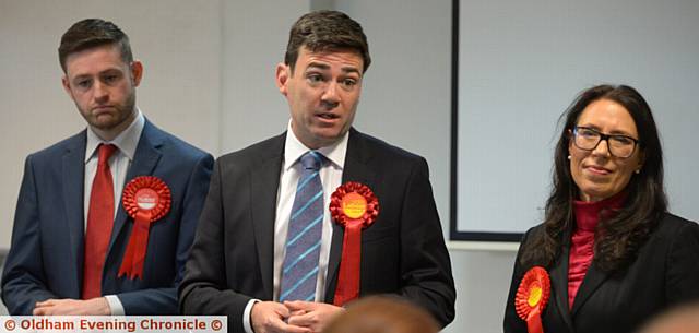 LABOUR Parliamentary candidates Jim McMahon (left) and Debbie Abrahams with elected Greater Manchester Mayor Andy Burnham LABOUR Parliamentary candidates Jim McMahon (left) and Debbie Abrahams with elected Greater Manchester Mayor Andy Burnham
