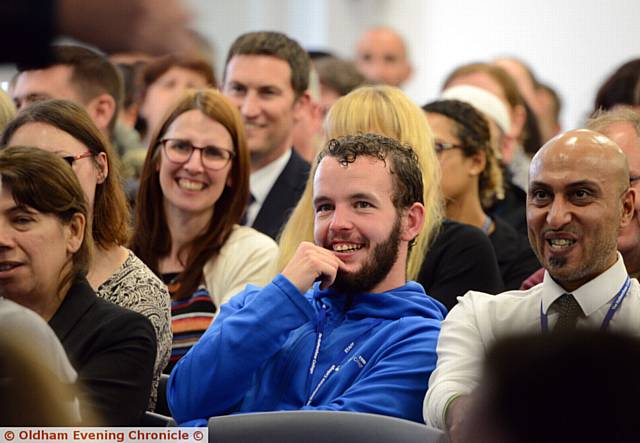 ALL smiles at the Laughology session for staff from Hathershaw and Oldham Sixth Form Colleges