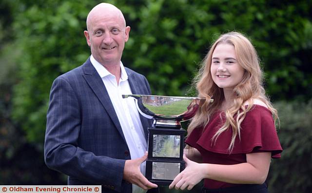 Ladies' Chronicle Cup presentation at Brookdale Golf Club. Oldham Chronicle managing editor David Whaley presents the Cup to youngest ever winner, sixteen year old Carina-May Teirney.