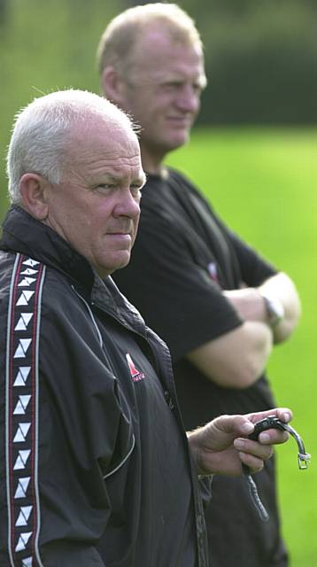 ON THE CLOCK . . . John Harbin, pictured during his first spell at Athletic with then boss Iain Dowie, put the players through their paces during pre-season training which got under way today.