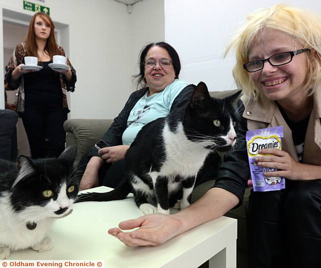 COFFEE and cats Bertha and Picasso with Samantha Smith, Angela Mills and daughter Jessica Mills
