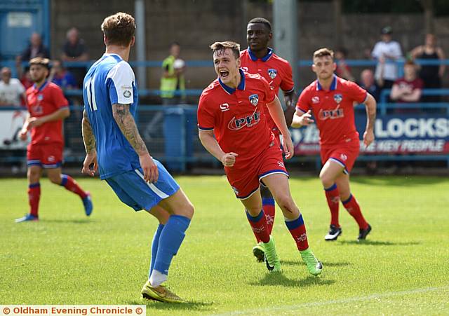 GET IN . . . Ryan Leonard celebrates scoring Athletic's opening goal against Stalybridge at Bower Fold.



PICTURES by ALAN HOWARTH
