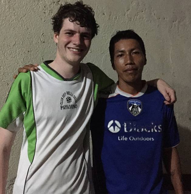 Simon Kenworthy (21) swapped shirts when he took part in a football match with an Amazon tribe
