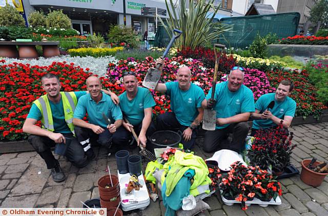 GREEN team . . . gardeners Andy Owens, Gary Short, Rory McGlade, John Hickey, team leader Lee Gannon and Andrew Marshall