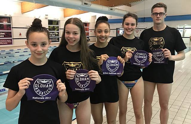 NATIONAL AMBITION . . . Oldham Aquatics members Ella Price (left), Kimberley Burston, Jessica Calderbank, Ella Bergin-Williams and Jack Graham