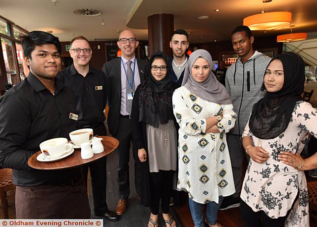 STUDENT success . . . (from left) Imranul Hoque Shek, Darryl Allen (Rhode Island manager), Matt Corbett (Oldham College), Rimza Shakir, Amir Javaheri, Chourouk Dekkar, Ferhan Ali and Nowshin Akther