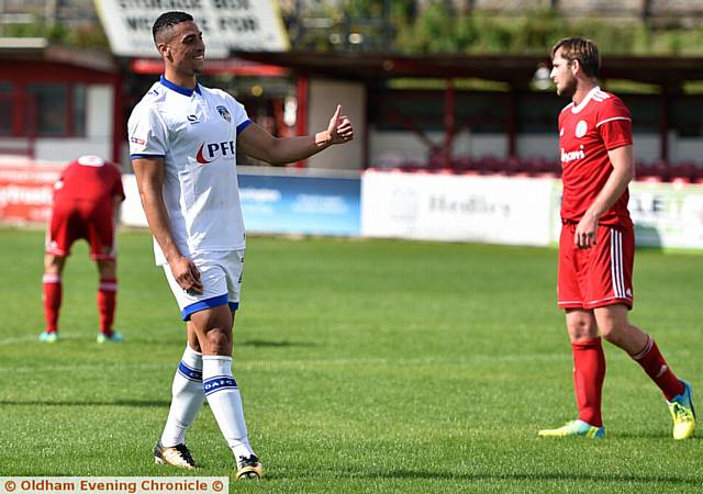 THAT'LL DO NICELY . . . Courtney Duffus acknowledges Athletic's travelling fans after firing home the equaliser against Accrington. THAT'LL DO NICELY . . . Courtney Duffus acknowledges Athletic's travelling fans after firing home the equaliser against Accrington.